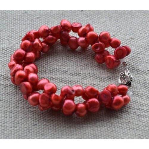 Perfect Womens Pearl Jewelry, Red 100% Real Freshwater Pearl Bracelet,7'' 6-7mm Baroque Pearl Bracelet