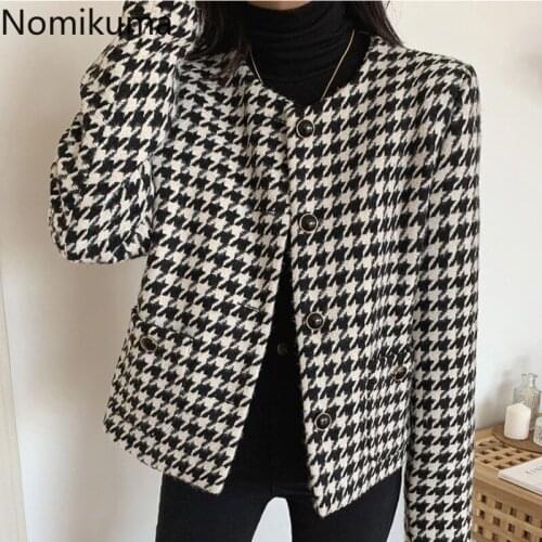 Nomikuma Korean Chic Plaid Jackets Women Autumn Winter Clothes O Neck Long Sleeve Single Breasted Casual Tops High Street Coats