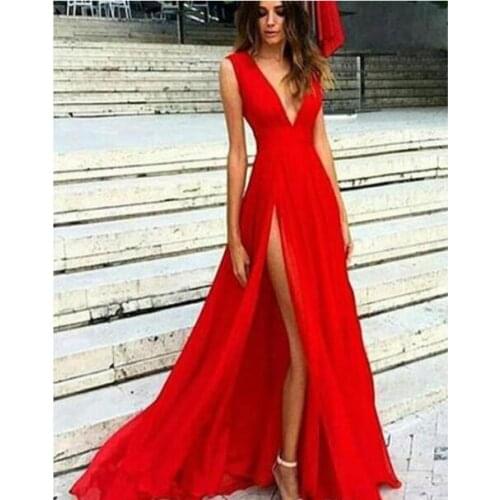 Red Celebrity Dresses A-line Deep V-neck Floor Length Chiffon Slit Sexy Long Famous Formal Red Carpet Dresses