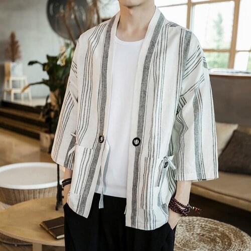 2021 Summer Stripe Patchwork Kimono Jacket Streetwear Windbreaker Ribbons Cardigan Cotton Linen Jacket Open Stitch Coat Male