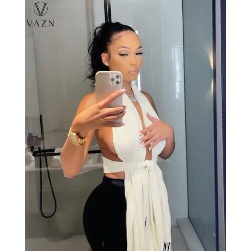 VAZN 2021 Hot List Open Solid Europe And America Sexy Young Halter Off Shoulder Backless Chiffon Women Long Slim Tees