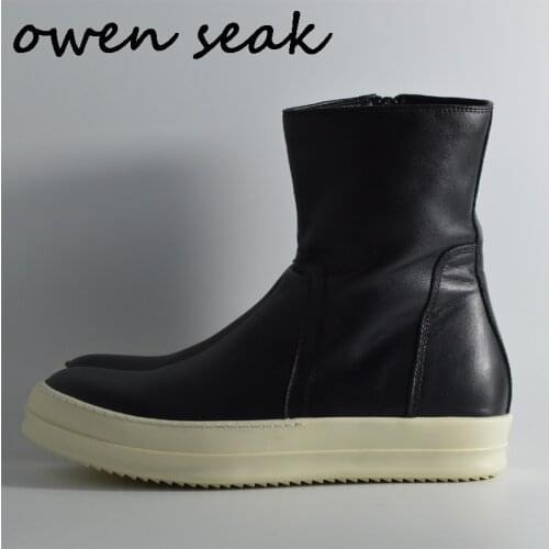 Owen Seak Men Casual Shoes High-TOP Ankle Boots Genuine Leather Sneaker Luxury Trainers Snow Boots Zip Flat Black Shoes Big Size