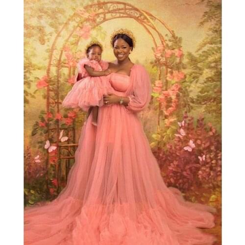 Gentle Maternity Tulle Dresses Fluffy Long Sleeves Custom Candy Color Extra Puffy Photo Shoot Evening Dress Elegant With Tail