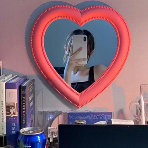 Desktop Heart-Shaped Makeup Mirror Wall-Mounted Makeup Mirror Wall-Mounted Dual-Use Girl Room Decoration Heart-Shaped Mirror