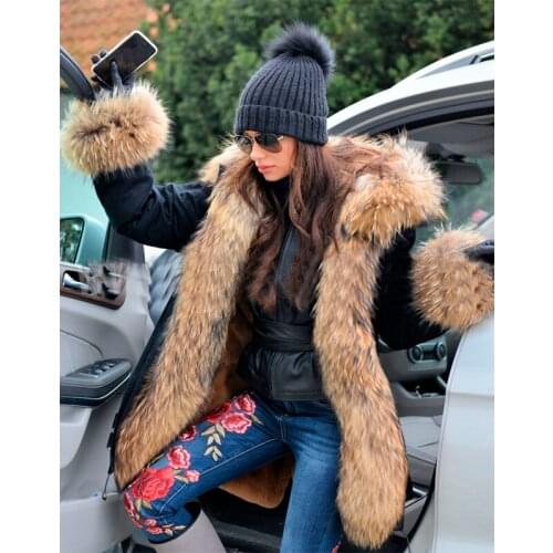 2021 Winter Jacket 7XL Women Real Fur Coat Natural Real Fox Fur Collar Loose Long Parkas Fashion Big Fur Outerwear Detachable