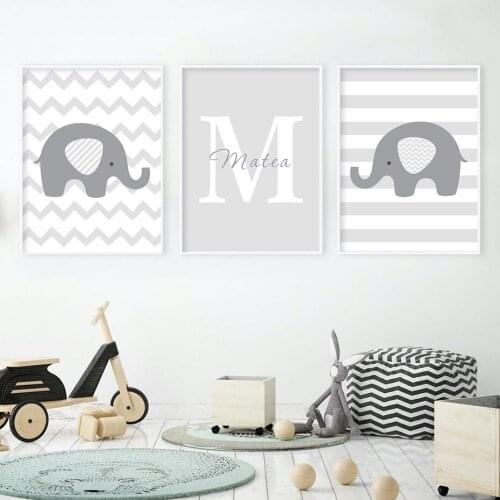 Personalized Babys Name Custom Gray Elephant Nursery Canvas Painting Poster Wall Art Pictures for Kid Bedroom Home Decor