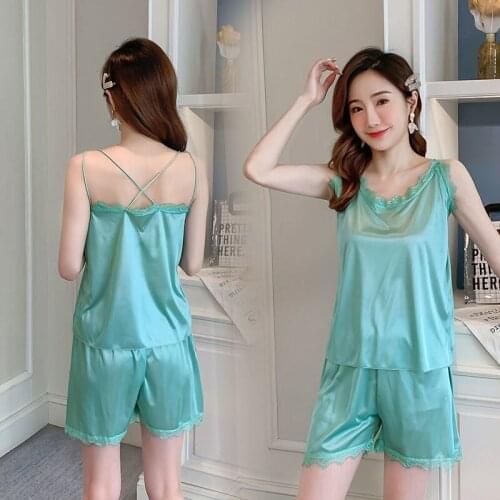 Sexy Two Piece Pajama Sets Spaghetti Strap Ice Silk Shorts Sleepwear Plus Size 2XL Large Wine Red Summer Sleewear Homwear