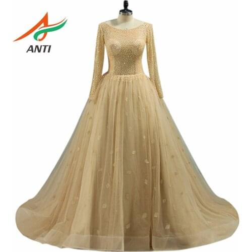 ANTI Luxury Beaded Champagne Evening Dress Long 2019 A-Line Floor-Length Vestido De Festa Robe de Soiree Formal Dresses Gown
