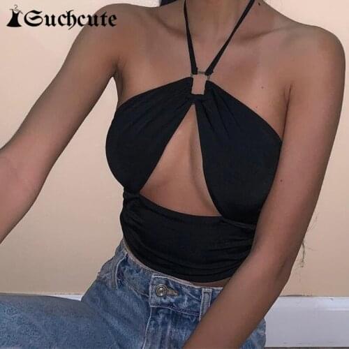 SUCHCUTE Sexy Hollow Out Rave Outfits HalterTops For Women 2021 Streetwear Modis 90s Outfits Solid Tank Tops Party Clubwear