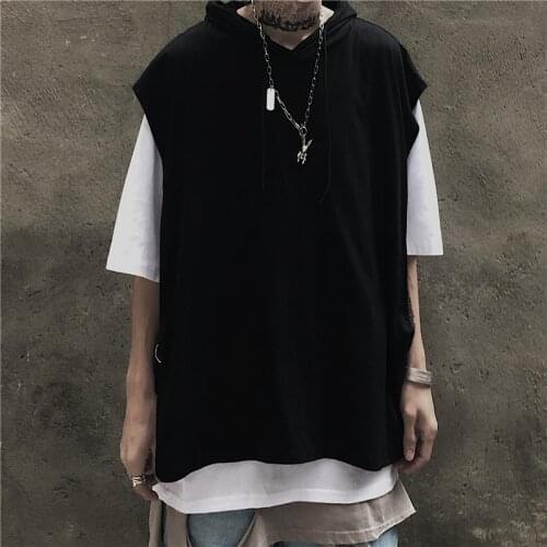 Techwear Fake Two Pieces Hooded Black And White Hip Hop Tops Tees Casual T-shirts Autumn High Street Tshirts Streetwear Pullover