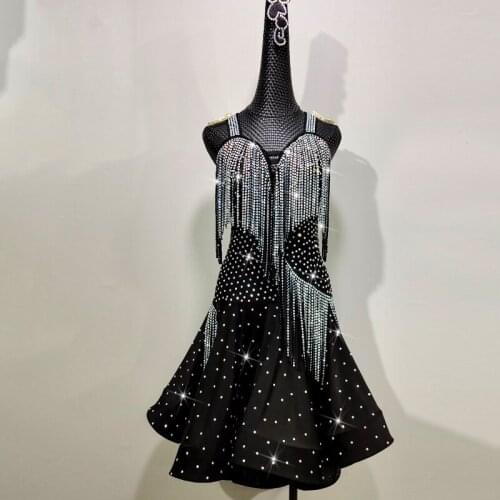 New High-End ChildrenS Latin Dance Costumes Diamonds Latin Dance Dress For Children Adults Black Latin Competition Dress DN8617