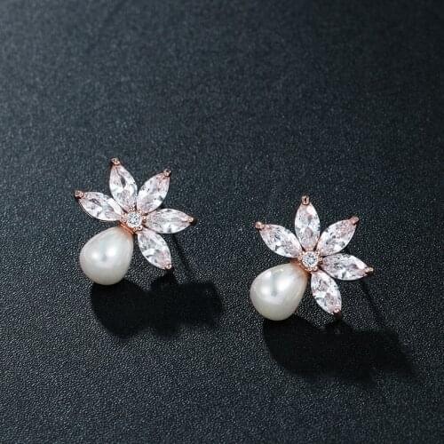 WEIMANJINGDIAN New Arrival White Gold Color Plated Cubic Zirconia Crystal CZ and Pearl Leaf Earrings for Women or Bridal Jewelry