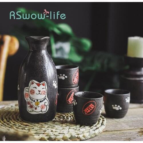 Japanese Ceramics Creative Lucky Cat Wine Set with One Pot and Four Cups Sake Set Sake Cups Sake Pot Wine Glass