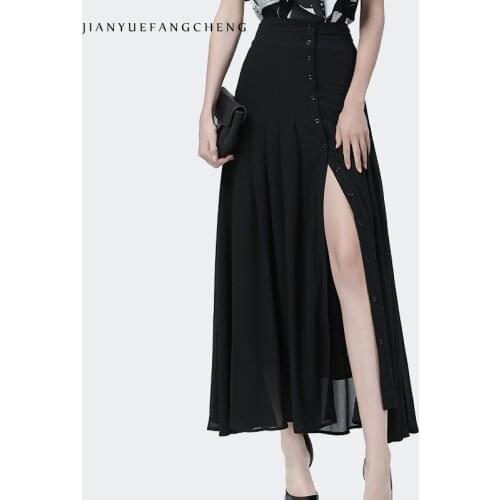 Fashion Black Chiffon Skirt Women Ankle-length Long Summer Skirts High Waist A-Line Side Split Big Swing Casual Pleated Skirts