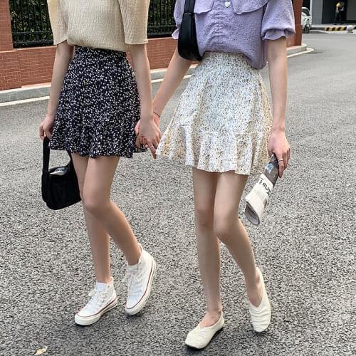 Spring and Summer 2021 New A-line Skirt Korean Version Was Thin Floral Skirt Elastic Waist Ruffled Short Skirt pleated skirt