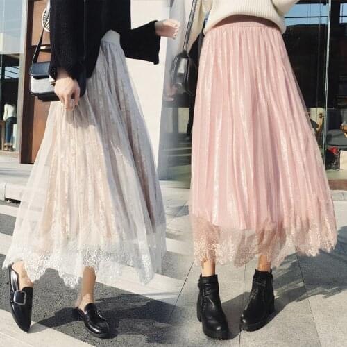 High waist autumn winter lace stitching large swing gold velvet pleated long tulle layer office black skirts knee length womens