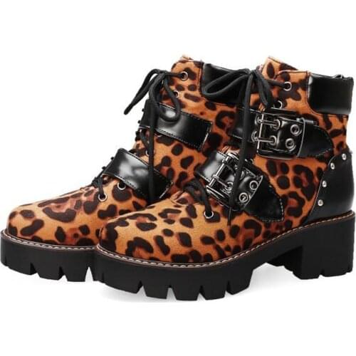 Women`s Leopard Martin Boots Round Toe Leather Shoes