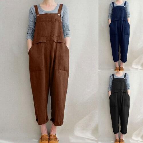 Solid Rompers Women Long Jumpsuits Loose Solid Pocket Sleeveless Playsuit Overalls Sportswear Fashion Button Jumpsuit #T3G