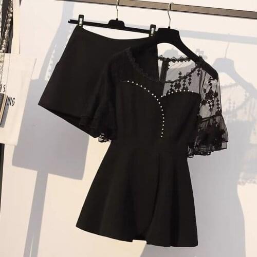 Sets Women Lace Embroidery Pearls Sexy Tops +High WaistBlack shorts Elegant Womens Korean Large Size 4XL Stylish Leisure Simple