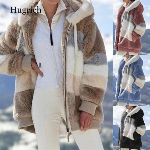 Winter Women Jacket Fashion Plush Patchwork Zipper Pocket Winter Hooded Jacket Retro Loose Long Sleeve Plus Size Women Top Coat
