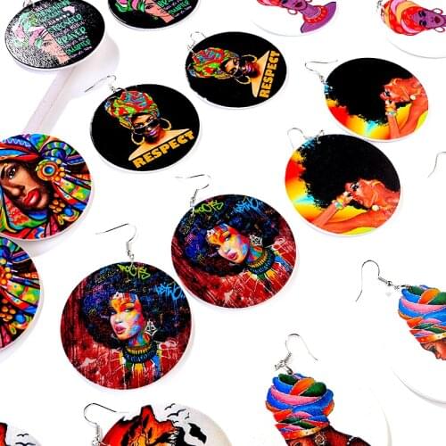 AENSOA Painted Africa Wooden Drop Earrings for Women Unusual Ethnic Round Dangle Earrings Fashion Party Jewelry Wholesale Gifts