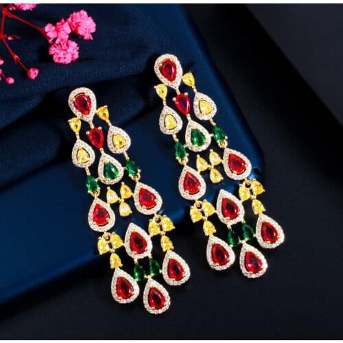 CWWZircons Multicolor CZ Dangle Tassel Water Drop Long Big Chandelier Earrings for Women Engagement Wedding Brides Jewelry CZ847