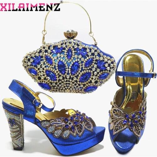 Elegant Style Super High Quality New Design Italian Women Shoes Matching Bag in Royal Blue Color for Garden Party