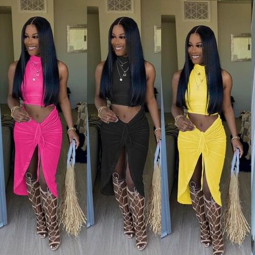 SKMY Fashion 2Pieces Outfit Clothes For Women Solid Color Sleeveless Crop Tops Drawstring Split Skirt Sets Party Clubwear