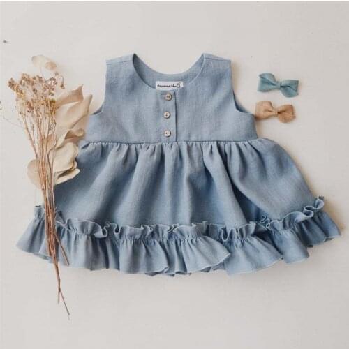 Girls Summer Cotton And Linen Dress Children Sleeveless Ruffled Hem Vest Button Princess Dresses WT314