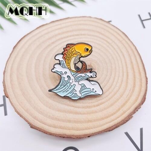 Cartoon Cute Animal Pins Carp Koi Leaping Wave Ocean Enamel Brooch Alloy Badge Clothes Bag Sweet Accessories Woman Jewelry Gift