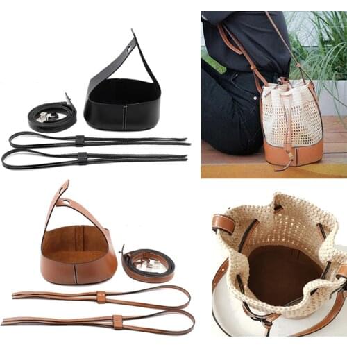 Handmade Handbag Shoulder Strap Woven Bag Set Hollow Drawstring Bucket Bags Leather DIY Backpack With Bag Bottom Belt 7Pcs Set