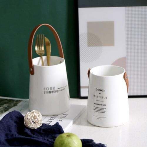 Ceramic Kitchen Forks Chopsticks Storage Box With Leather Handle Portable Large Storage North European Home Organizer Utensil