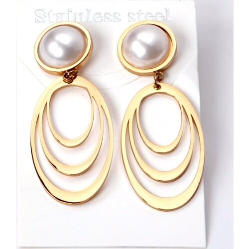 Stainless Steel Imitation Pearl Drop Earrings Women Accesssories Gold Color Multilayer Oval Earring Fashion Jewelry Party Gift