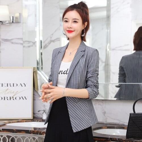 New Spring autumn Womens Striped Blazer Jacket Short Coat Casual Long-sleeved Outerwear Elegant Slim Female Business Suit Coats