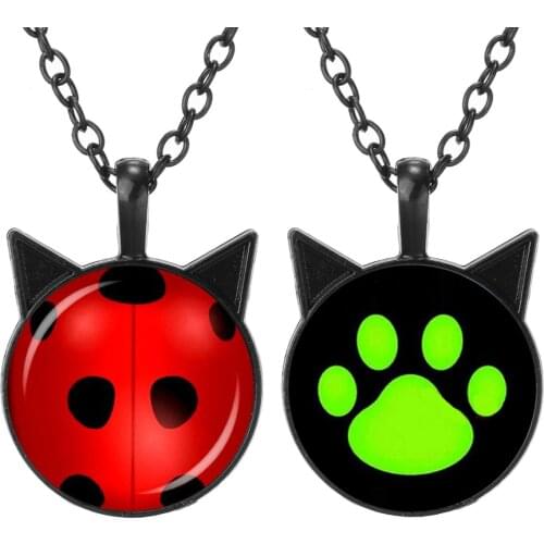 Fashion Cute Green Dog Cat Noir Paw Necklace for Kids Girls Choker Red Ladybugs Art Picture Glass Cabochon Pendant Friends Gift