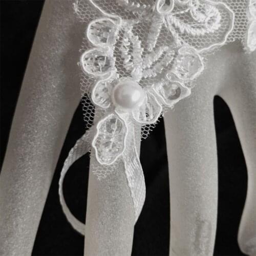 83XC 1 Pair Women Bridal Short Gloves Fingerless Embroidery Lace Floral Applique Faux Pearl Decor Mittens Cross Bandage Hook