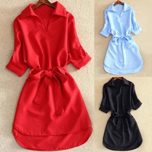 Elegant Dresses Lady Solid Fashion Women Solid Color V Neck Half Sleeve Belt Office Long Shirt Mini Dress Party Mini Dress Women