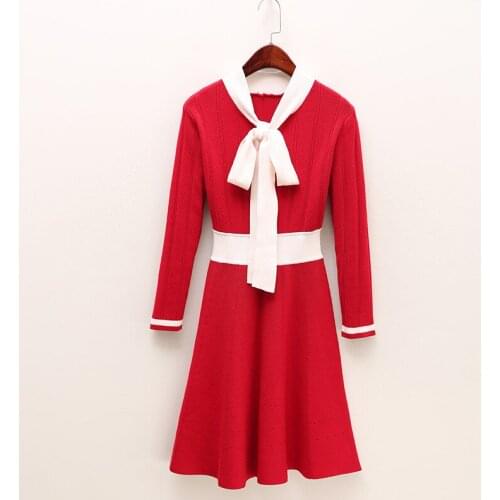 Autumn and winter new Korean version of the small incense wind long sleeve hit color bow A type knitted dress