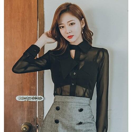 Shirt Womens Long-Sleeved 2021 Spring/Autumn Women Blouse New Transparent Black Sexy Vintage Chiffon Shirt ladies tops 503F