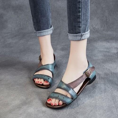 Women Shoes Girls Genuine Leather Retro Sandals 2021 New Summer Sewing Flat with Buckle Strap Casual Handmade Ladies Sandals