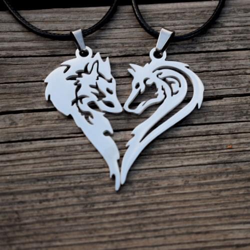 SanLan 1 pair stainless steel Viking His and Her Wolf necklace for couples Two Wolves making a Heart