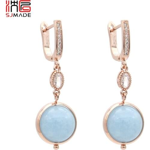 SJMADE Temperament Natural Round Crystal Stone Shell Dangle Earrings 585 Rose Gold Korean For Women Girl Wedding Party Jewelry