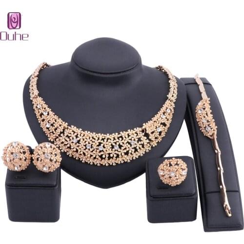 Wedding Bridal Accessories Gold Color Crystal Necklace Earrings Ring Bangle Women Gift Party Luxury Jewelry Sets