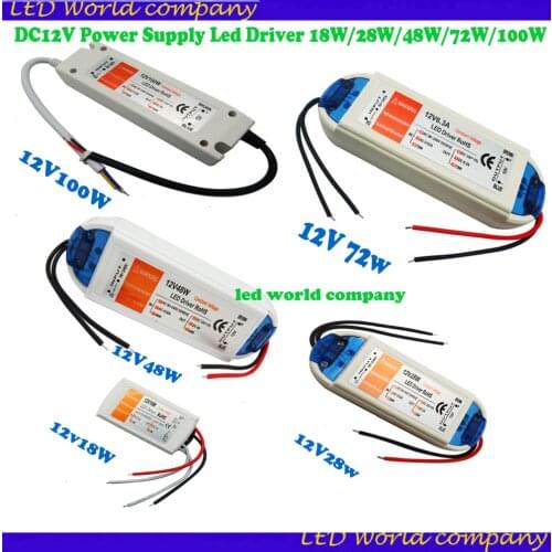 LED Driver AC 110V 220V to DC12V Led Power Adapter Transformers for Outdoor LED Strip Bulb 18W 28W 48W 72W 100W Power Supply