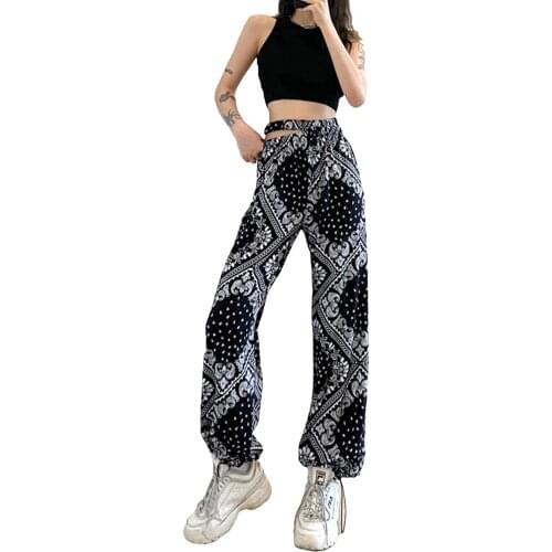 Women’s Summer Straight Casual Trousers Fashion Printing Hollow High-waist Elastic Feet Long Pants