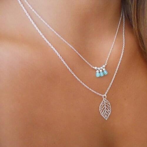 HebeDeer Blue Beads Necklace Chain Women Multilayer Necklaces Jewelry Silver Color Feather Bohemia Leaves Trendy Collares