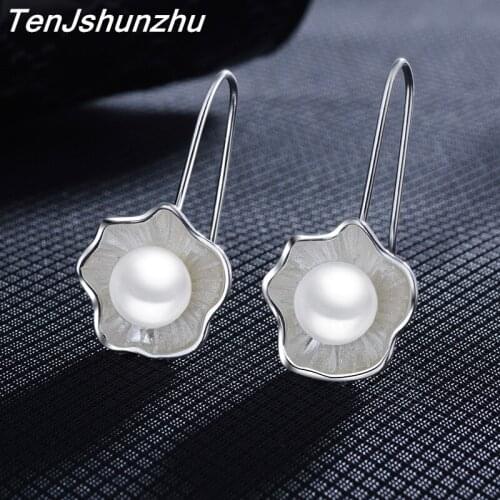 TenJshunzhu Fashion Flower Simulated Pearl Wedding Earrings Silver Jewelry for Women Bride Boucles D'oreilles Bijoux EH121