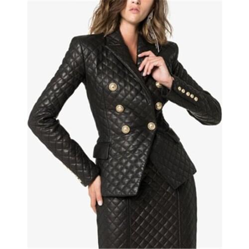 2020 Fashion Pu Leather Women Black Blazers Skirt Set Runway Double Breasted Gold Buttons Lady Winter Formal Office Jacket Sets