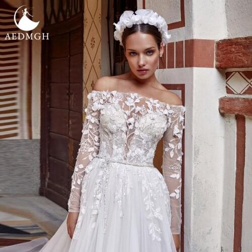 Aedmgh A-Line Boho Wedding Dresses 2021 Boat Neck Long Sleeve Court Train Vestido De Novia Appliques Illusion Beach Bridal Gowns