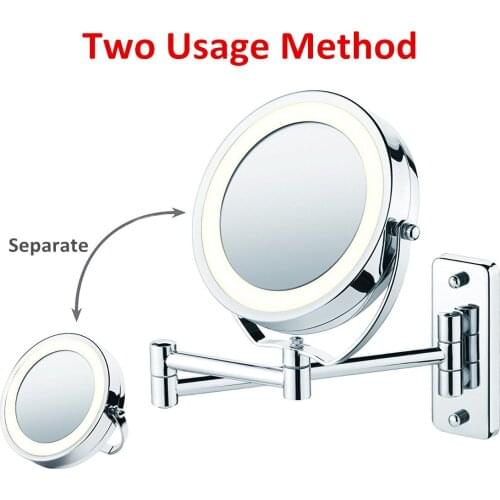 6" Diameter Bathroom Shaving Makeup Mirror with LED Lights Wall Mount Two Sides Extendable Rotate Cosmetic Mirror Magnifying 7X
